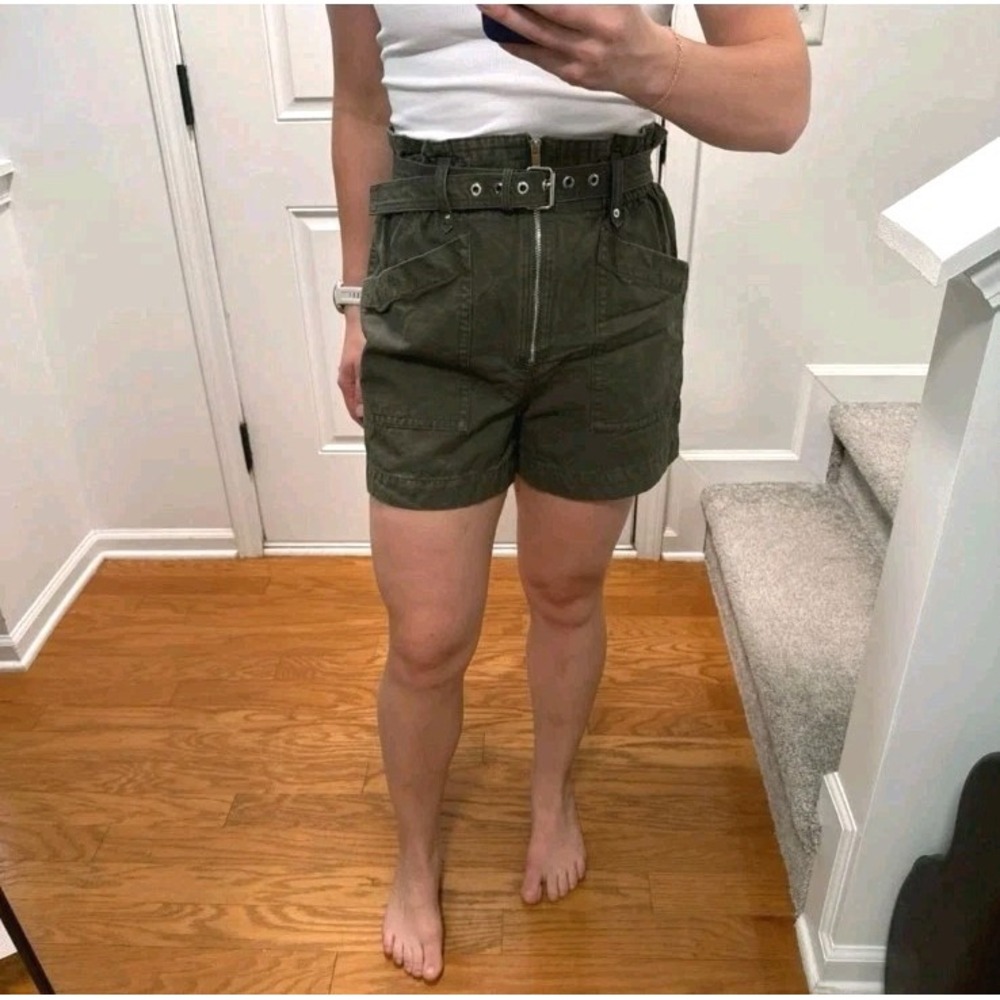 Banana Republic Olive Green Denim Linen Blend Belted High Rise Shorts Size 16
